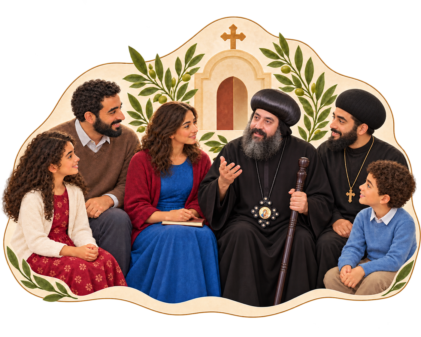 A family, servant, priest and bishop representing roles in church life